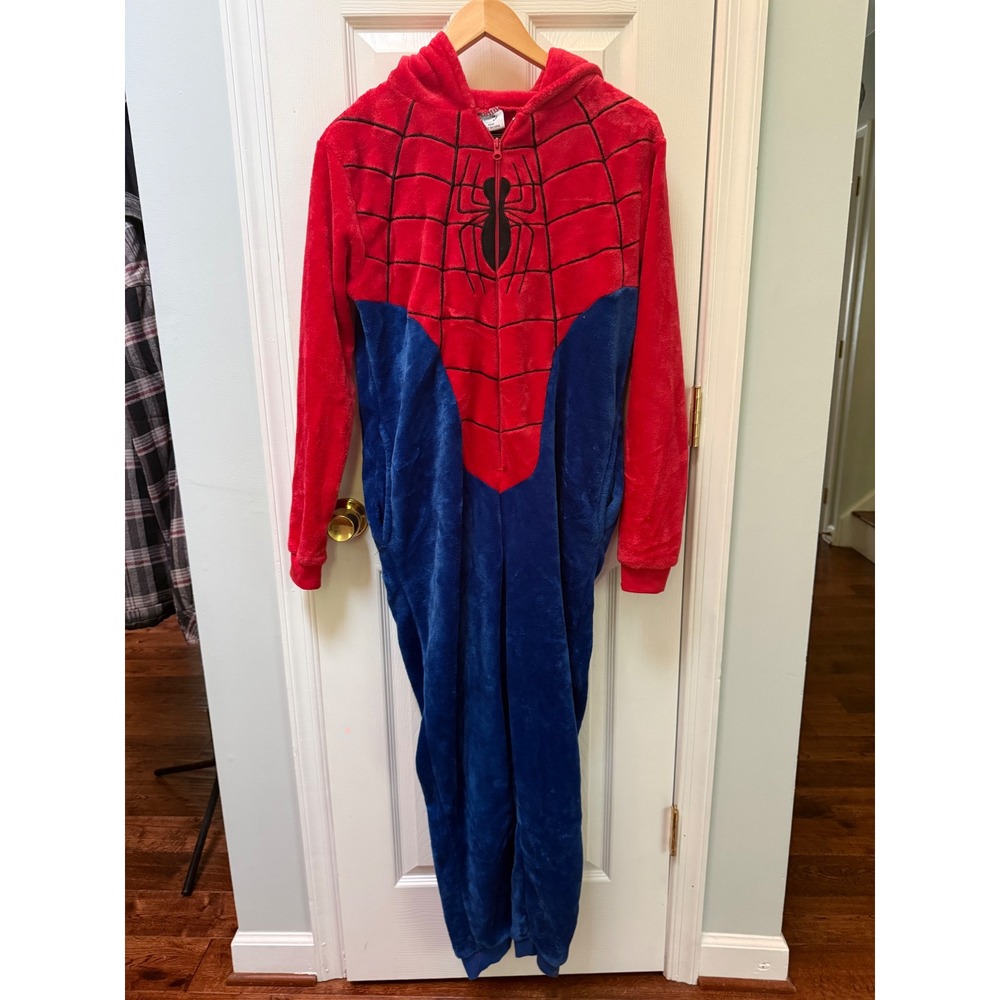 Marvel Spider-Man Fleece Union Suit Hooded Pajamas Red Blue Small
